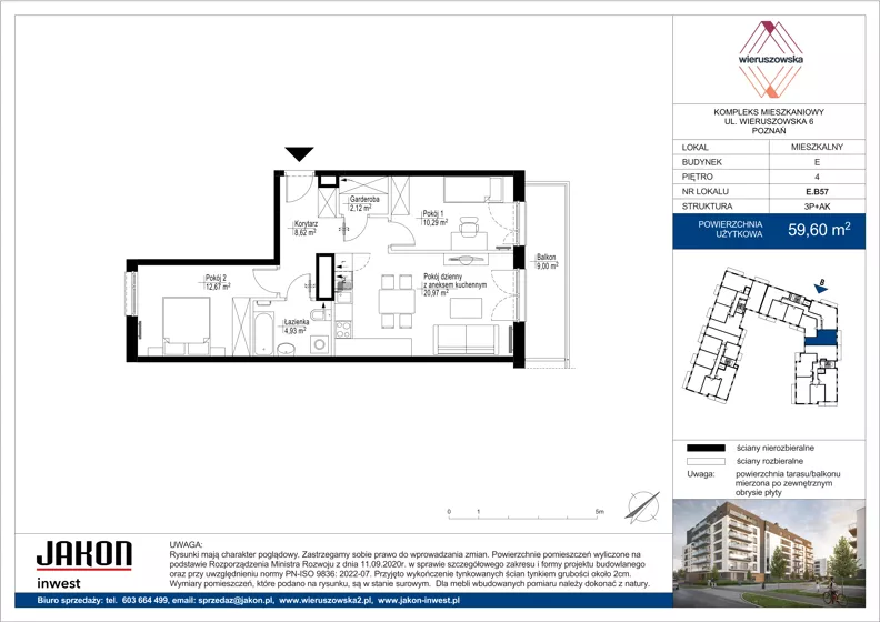 3 pokoje, mieszkanie 59,60 m², piętro 4, oferta nr E.B57, Wieruszowska, Poznań, Grunwald, Junikowo, ul. Wieruszowska 4