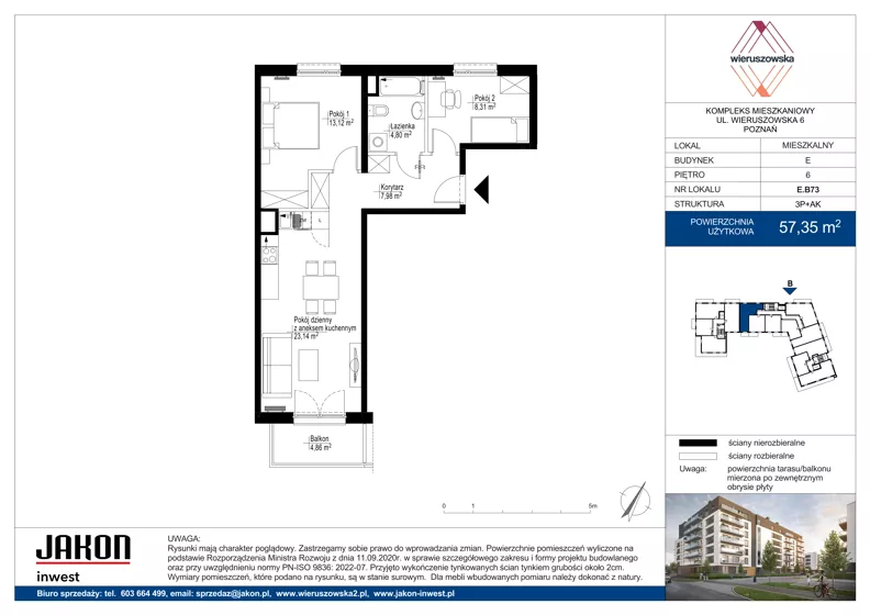 3 pokoje, mieszkanie 57,35 m², piętro 6, oferta nr E.B73, Wieruszowska, Poznań, Grunwald, Junikowo, ul. Wieruszowska 4