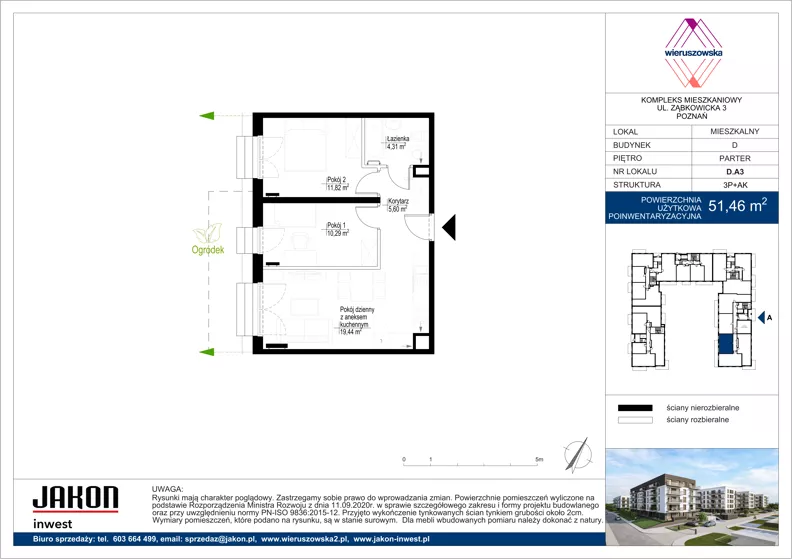3 pokoje, mieszkanie 51,46 m², parter, oferta nr D.A3, Wieruszowska, Poznań, Grunwald, Junikowo, ul. Wieruszowska 4