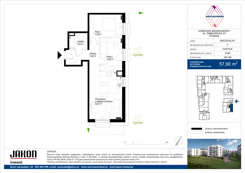 3 pokoje, mieszkanie 57,90 m², parter, oferta nr F.A1, Wieruszowska, Poznań, Grunwald, Junikowo, ul. Wieruszowska 4