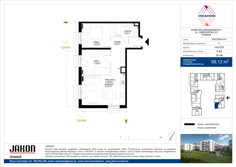3 pokoje, mieszkanie 59,12 m², parter, oferta nr F.A3, Wieruszowska, Poznań, Grunwald, Junikowo, ul. Wieruszowska 4