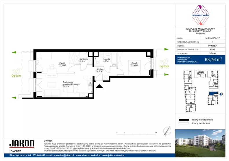 3 pokoje, mieszkanie 63,76 m², parter, oferta nr F.A5, Wieruszowska, Poznań, Grunwald, Junikowo, ul. Wieruszowska 4