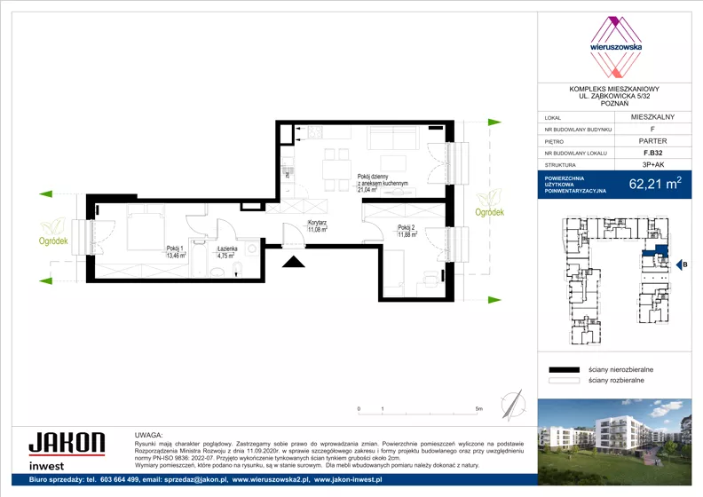 3 pokoje, mieszkanie 62,21 m², parter, oferta nr F.B32, Wieruszowska, Poznań, Grunwald, Junikowo, ul. Wieruszowska 4