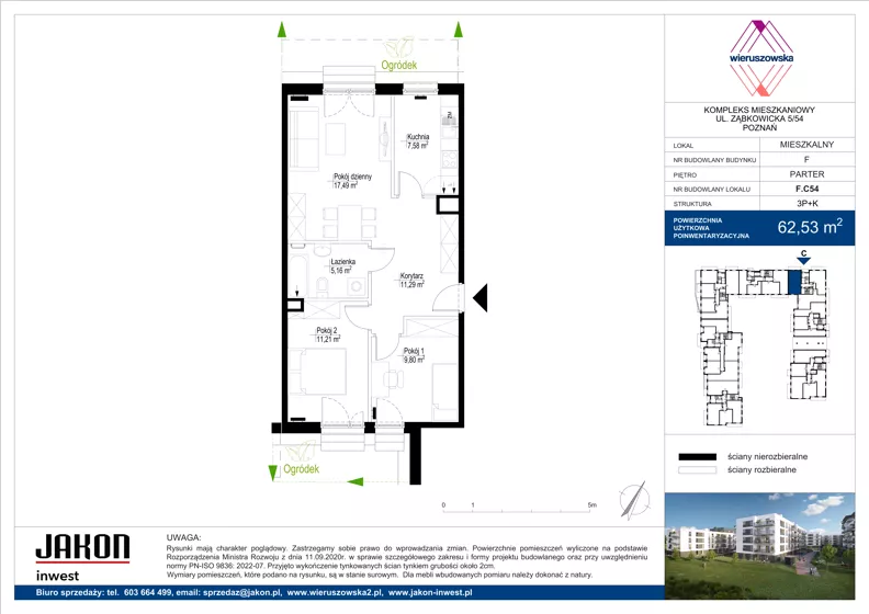 3 pokoje, mieszkanie 62,53 m², parter, oferta nr F.C54, Wieruszowska, Poznań, Grunwald, Junikowo, ul. Wieruszowska 4