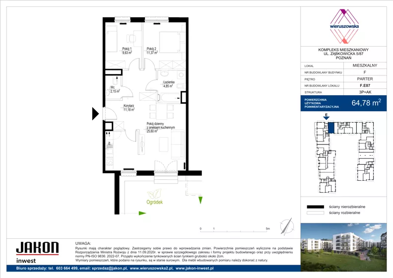 3 pokoje, mieszkanie 64,78 m², parter, oferta nr F.E87, Wieruszowska, Poznań, Grunwald, Junikowo, ul. Wieruszowska 4