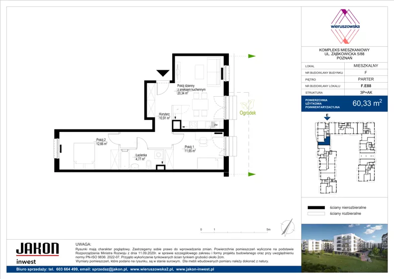 3 pokoje, mieszkanie 60,33 m², parter, oferta nr F.E88, Wieruszowska, Poznań, Grunwald, Junikowo, ul. Wieruszowska 4