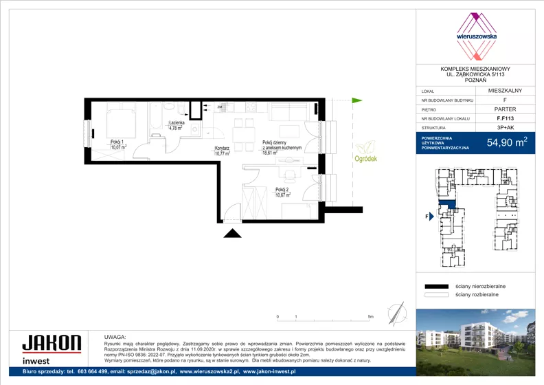 3 pokoje, mieszkanie 54,90 m², parter, oferta nr F.F113, Wieruszowska, Poznań, Grunwald, Junikowo, ul. Wieruszowska 4