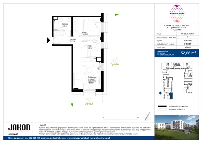 3 pokoje, mieszkanie 52,68 m², parter, oferta nr F.G147, Wieruszowska, Poznań, Grunwald, Junikowo, ul. Wieruszowska 4