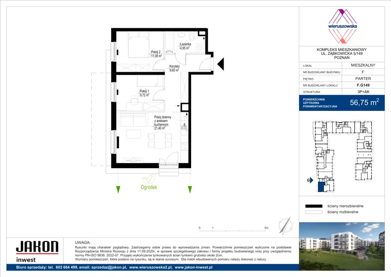 3 pokoje, mieszkanie 56,75 m², parter, oferta nr F.G149, Wieruszowska, Poznań, Grunwald, Junikowo, ul. Wieruszowska 4