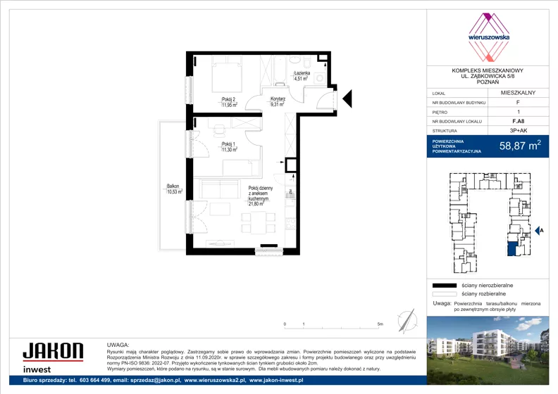 3 pokoje, mieszkanie 58,87 m², piętro 1, oferta nr F.A8, Wieruszowska, Poznań, Grunwald, Junikowo, ul. Wieruszowska 4