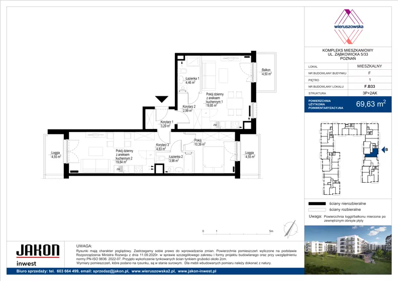 3 pokoje, mieszkanie 69,63 m², piętro 1, oferta nr F.B33, Wieruszowska, Poznań, Grunwald, Junikowo, ul. Wieruszowska 4