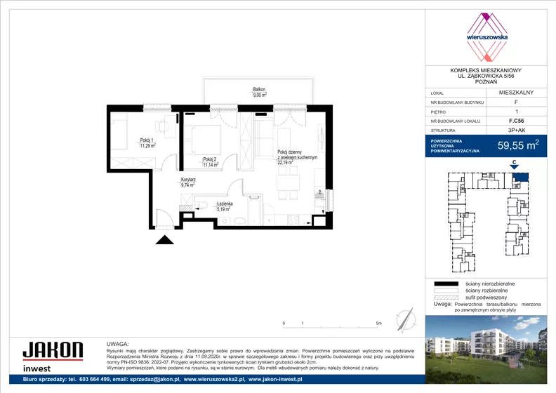 3 pokoje, mieszkanie 59,55 m², piętro 1, oferta nr F.C56, Wieruszowska, Poznań, Grunwald, Junikowo, ul. Wieruszowska 4
