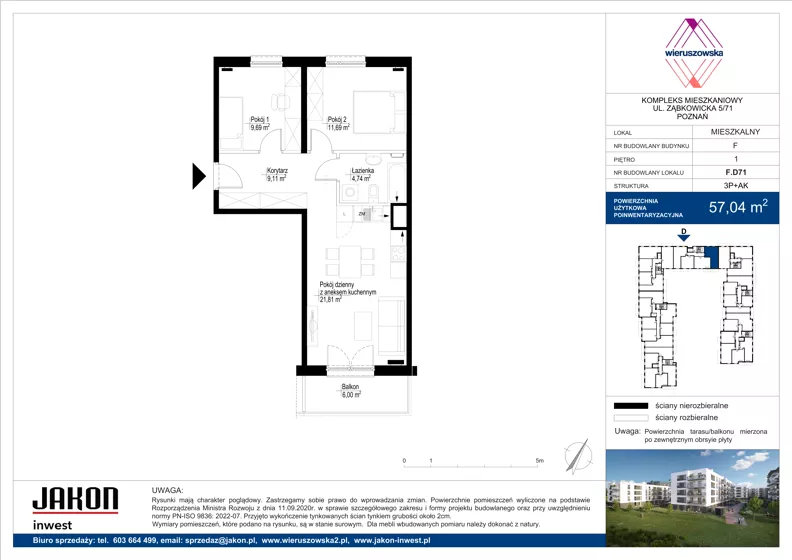 3 pokoje, mieszkanie 57,04 m², piętro 1, oferta nr F.D71, Wieruszowska, Poznań, Grunwald, Junikowo, ul. Wieruszowska 4