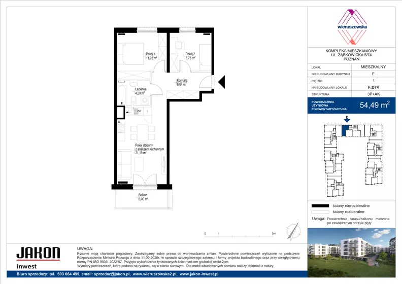 3 pokoje, mieszkanie 54,49 m², piętro 1, oferta nr F.D74, Wieruszowska, Poznań, Grunwald, Junikowo, ul. Wieruszowska 4