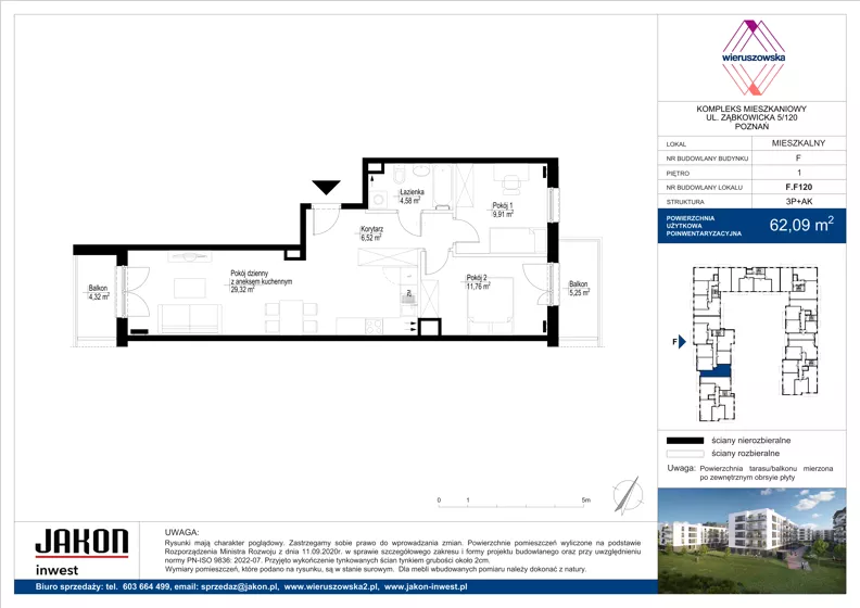3 pokoje, mieszkanie 62,09 m², piętro 1, oferta nr F.F120, Wieruszowska, Poznań, Grunwald, Junikowo, ul. Wieruszowska 4