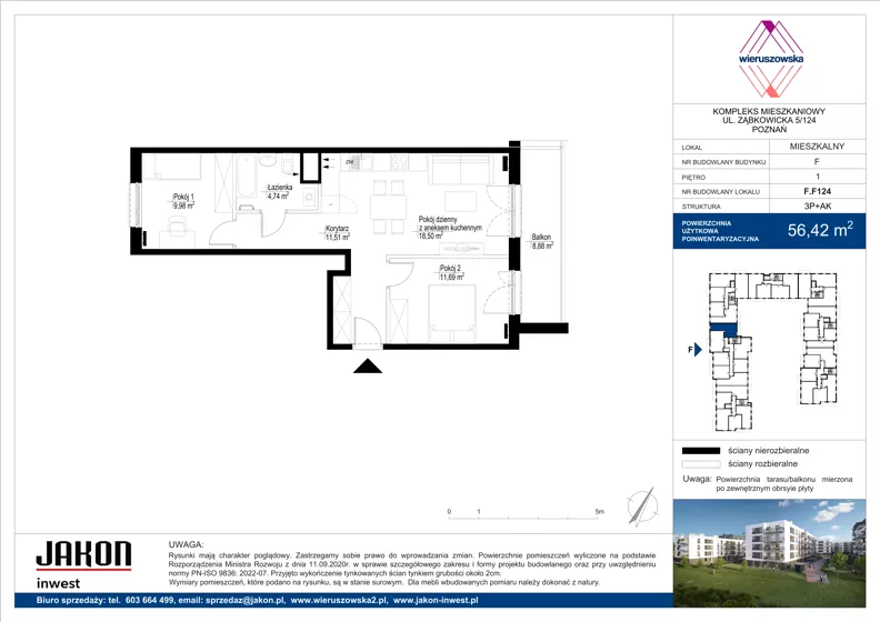 3 pokoje, mieszkanie 56,42 m², piętro 1, oferta nr F.F124, Wieruszowska, Poznań, Grunwald, Junikowo, ul. Wieruszowska 4