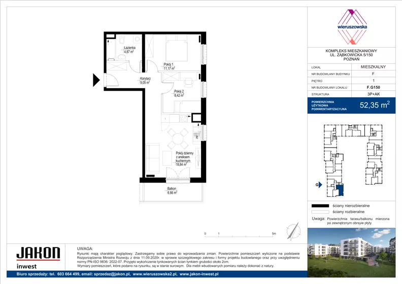 3 pokoje, mieszkanie 52,35 m², piętro 1, oferta nr F.G150, Wieruszowska, Poznań, Grunwald, Junikowo, ul. Wieruszowska 4