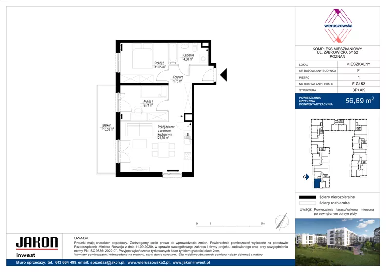 3 pokoje, mieszkanie 56,69 m², piętro 1, oferta nr F.G152, Wieruszowska, Poznań, Grunwald, Junikowo, ul. Wieruszowska 4