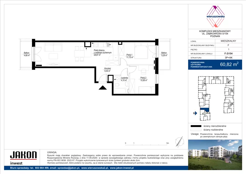 3 pokoje, mieszkanie 60,82 m², piętro 1, oferta nr F.G154, Wieruszowska, Poznań, Grunwald, Junikowo, ul. Wieruszowska 4