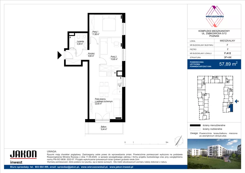 3 pokoje, mieszkanie 57,89 m², piętro 2, oferta nr F.A12, Wieruszowska, Poznań, Grunwald, Junikowo, ul. Wieruszowska 4
