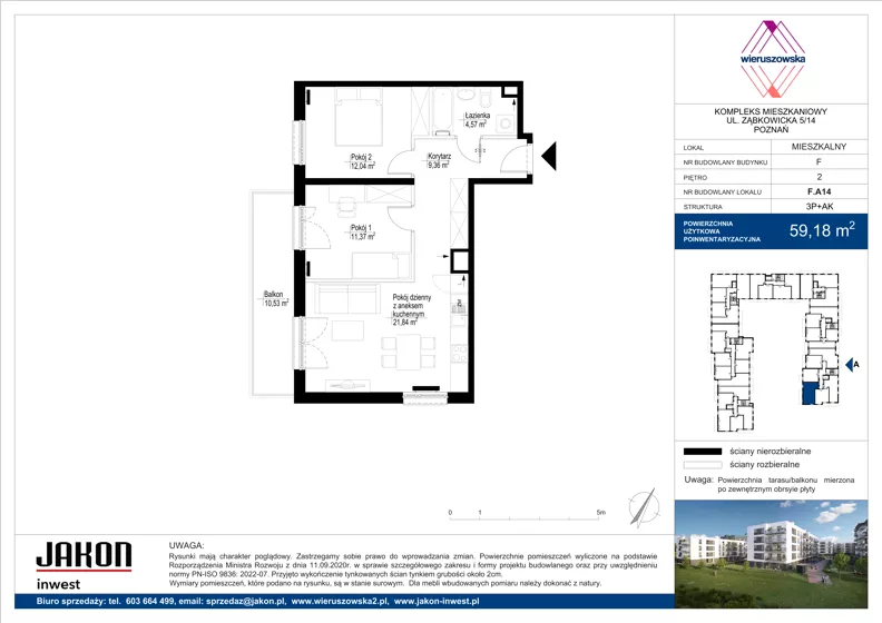 3 pokoje, mieszkanie 59,18 m², piętro 2, oferta nr F.A14, Wieruszowska, Poznań, Grunwald, Junikowo, ul. Wieruszowska 4