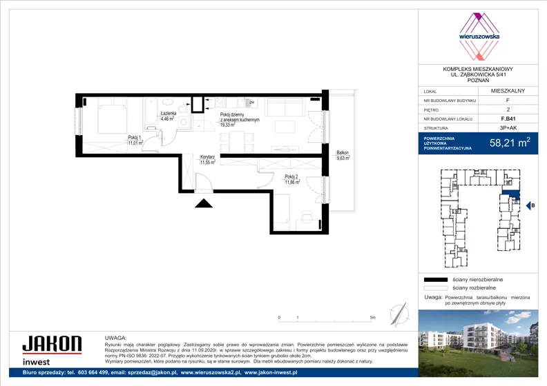 3 pokoje, mieszkanie 58,21 m², piętro 2, oferta nr F.B41, Wieruszowska, Poznań, Grunwald, Junikowo, ul. Wieruszowska 4