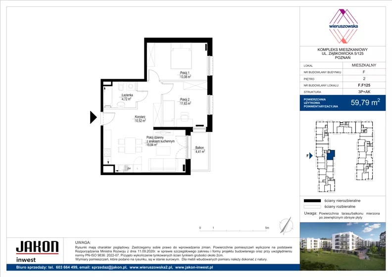 3 pokoje, mieszkanie 59,79 m², piętro 2, oferta nr F.F125, Wieruszowska, Poznań, Grunwald, Junikowo, ul. Wieruszowska 4