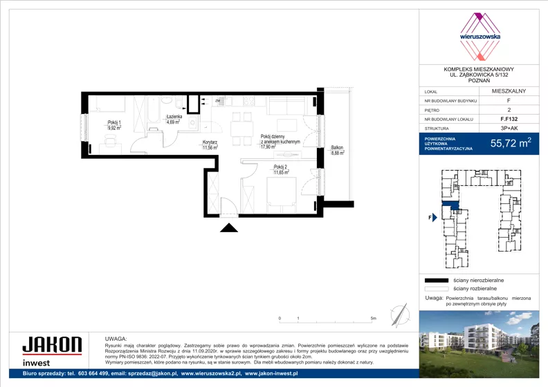 3 pokoje, mieszkanie 55,72 m², piętro 2, oferta nr F.F132, Wieruszowska, Poznań, Grunwald, Junikowo, ul. Wieruszowska 4