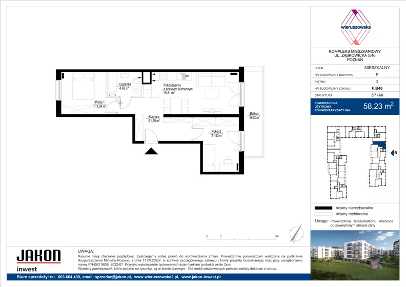 3 pokoje, mieszkanie 58,23 m², piętro 3, oferta nr F.B46, Wieruszowska, Poznań, Grunwald, Junikowo, ul. Wieruszowska 4
