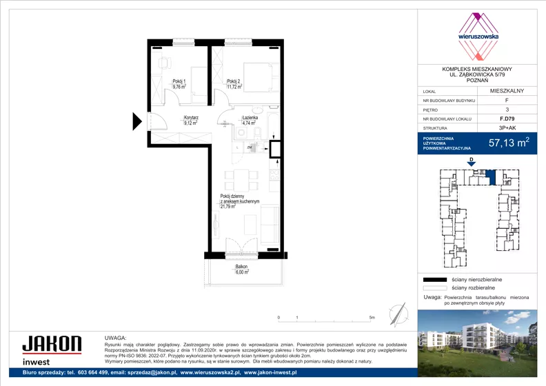 3 pokoje, mieszkanie 57,13 m², piętro 3, oferta nr F.D79, Wieruszowska, Poznań, Grunwald, Junikowo, ul. Wieruszowska 4
