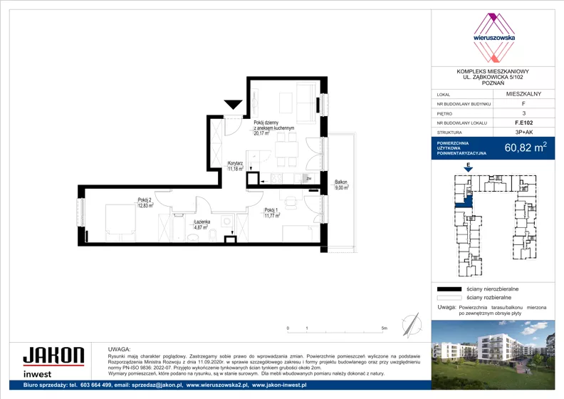 3 pokoje, mieszkanie 60,82 m², piętro 3, oferta nr F.E102, Wieruszowska, Poznań, Grunwald, Junikowo, ul. Wieruszowska 4