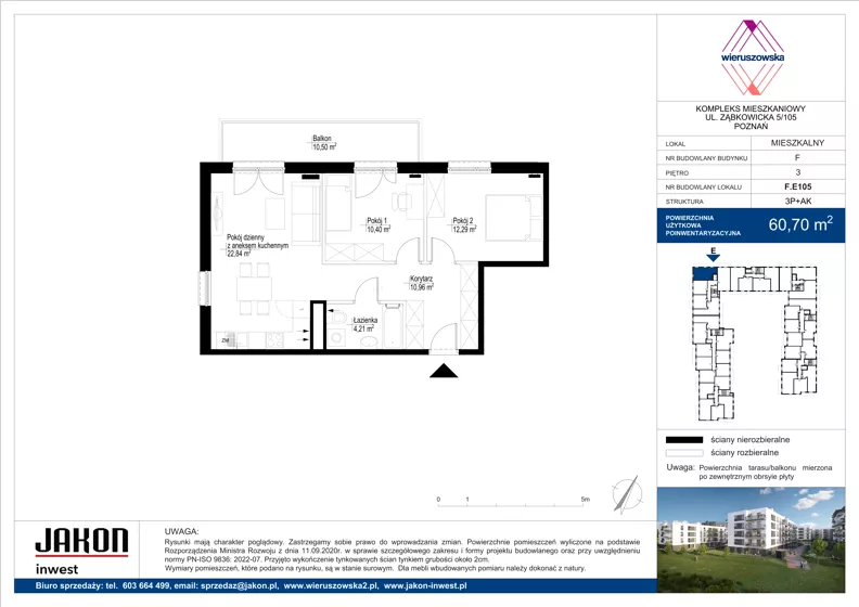 3 pokoje, mieszkanie 60,70 m², piętro 3, oferta nr F.E105, Wieruszowska, Poznań, Grunwald, Junikowo, ul. Wieruszowska 4