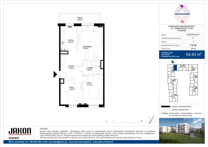 3 pokoje, mieszkanie 64,93 m², piętro 3, oferta nr F.E106, Wieruszowska, Poznań, Grunwald, Junikowo, ul. Wieruszowska 4