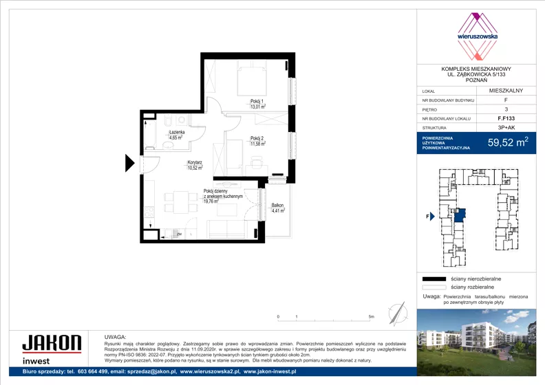 3 pokoje, mieszkanie 59,52 m², piętro 3, oferta nr F.F133, Wieruszowska, Poznań, Grunwald, Junikowo, ul. Wieruszowska 4