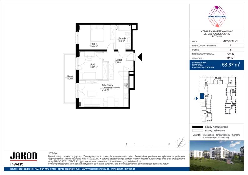 3 pokoje, mieszkanie 58,67 m², piętro 3, oferta nr F.F139, Wieruszowska, Poznań, Grunwald, Junikowo, ul. Wieruszowska 4