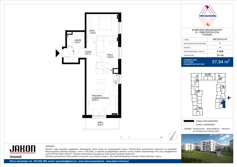 3 pokoje, mieszkanie 57,94 m², piętro 4, oferta nr F.A24, Wieruszowska, Poznań, Grunwald, Junikowo, ul. Wieruszowska 4