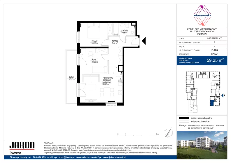 3 pokoje, mieszkanie 59,25 m², piętro 4, oferta nr F.A26, Wieruszowska, Poznań, Grunwald, Junikowo, ul. Wieruszowska 4