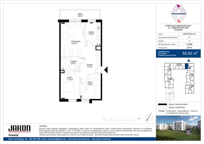 3 pokoje, mieszkanie 62,62 m², piętro 4, oferta nr F.C64, Wieruszowska, Poznań, Grunwald, Junikowo, ul. Wieruszowska 4