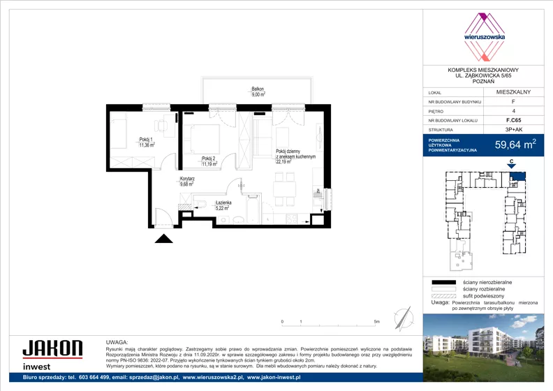3 pokoje, mieszkanie 59,64 m², piętro 4, oferta nr F.C65, Wieruszowska, Poznań, Grunwald, Junikowo, ul. Wieruszowska 4