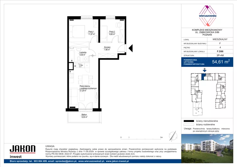 3 pokoje, mieszkanie 54,61 m², piętro 4, oferta nr F.D86, Wieruszowska, Poznań, Grunwald, Junikowo, ul. Wieruszowska 4