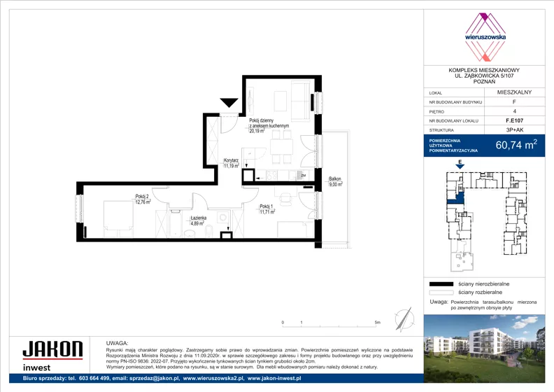 3 pokoje, mieszkanie 60,74 m², piętro 4, oferta nr F.E107, Wieruszowska, Poznań, Grunwald, Junikowo, ul. Wieruszowska 4