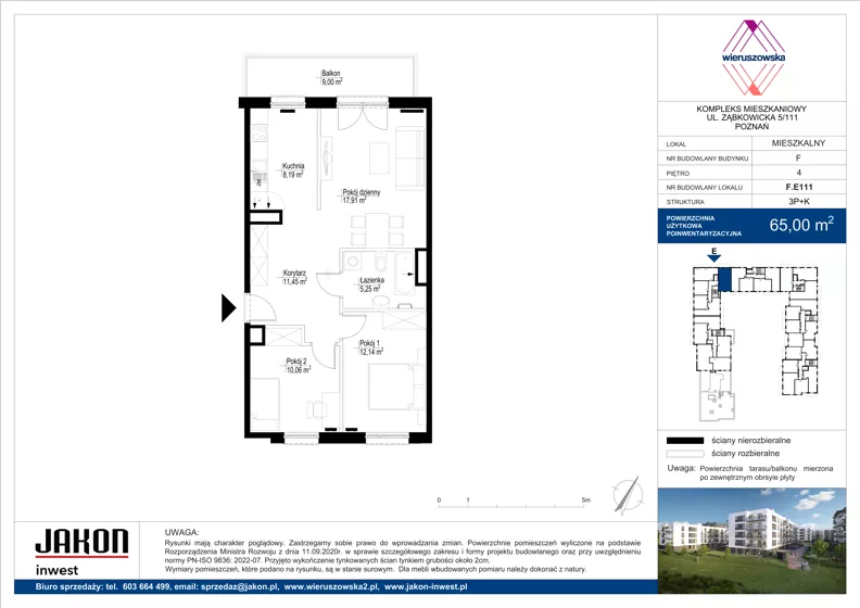 3 pokoje, mieszkanie 65,00 m², piętro 4, oferta nr F.E111, Wieruszowska, Poznań, Grunwald, Junikowo, ul. Wieruszowska 4