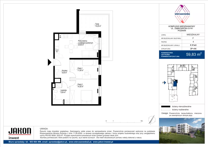 3 pokoje, mieszkanie 59,83 m², piętro 4, oferta nr F.F141, Wieruszowska, Poznań, Grunwald, Junikowo, ul. Wieruszowska 4