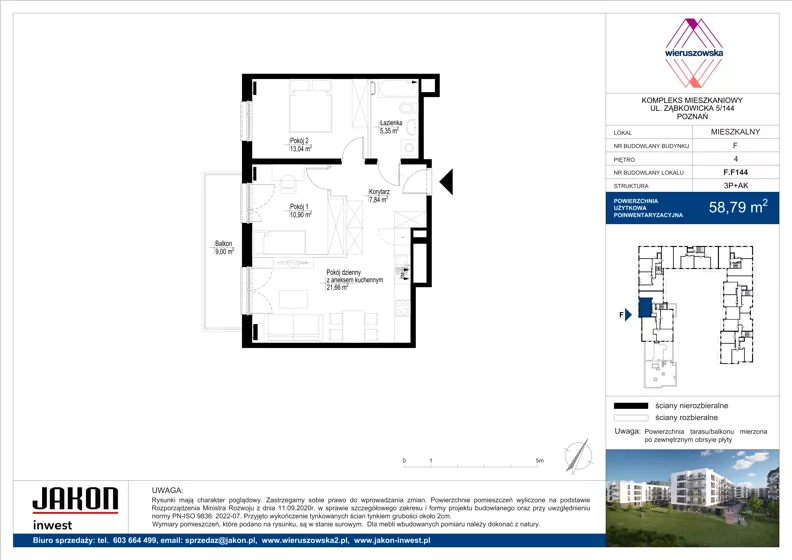 3 pokoje, mieszkanie 58,79 m², piętro 4, oferta nr F.F144, Wieruszowska, Poznań, Grunwald, Junikowo, ul. Wieruszowska 4
