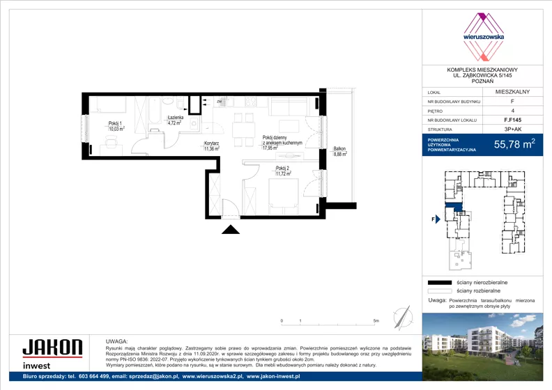 3 pokoje, mieszkanie 55,78 m², piętro 4, oferta nr F.F145, Wieruszowska, Poznań, Grunwald, Junikowo, ul. Wieruszowska 4
