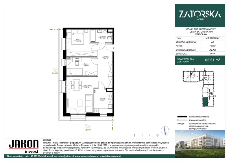 3 pokoje, mieszkanie 62,51 m², parter, oferta nr A2.A2, Zatorska Home, Wrocław, Psie Pole-Zawidawie, Zakrzów, ul. Zatorska 146-150