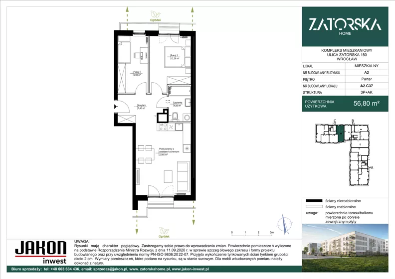 3 pokoje, mieszkanie 56,80 m², parter, oferta nr A2.C37, Zatorska Home, Wrocław, Psie Pole-Zawidawie, Zakrzów, ul. Zatorska 146-150