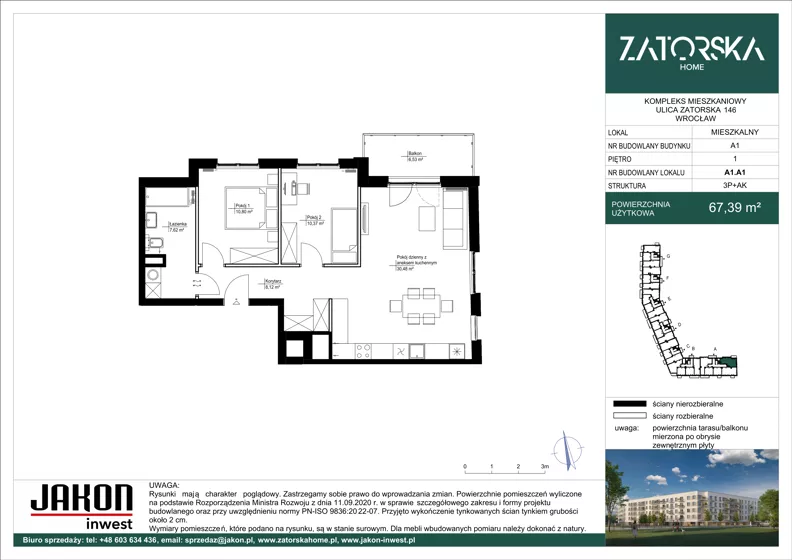 3 pokoje, mieszkanie 67,39 m², piętro 1, oferta nr A1.A1, Zatorska Home, Wrocław, Psie Pole-Zawidawie, Zakrzów, ul. Zatorska 146-150