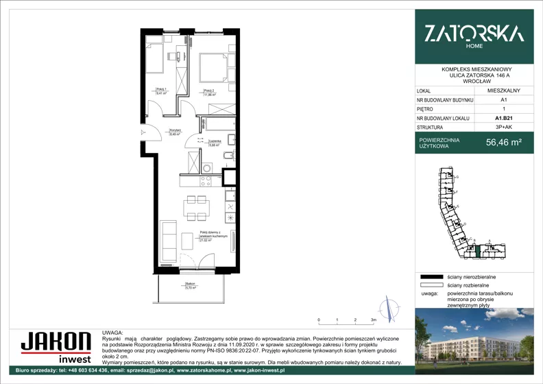 3 pokoje, mieszkanie 56,46 m², piętro 1, oferta nr A1.B21, Zatorska Home, Wrocław, Psie Pole-Zawidawie, Zakrzów, ul. Zatorska 146-150