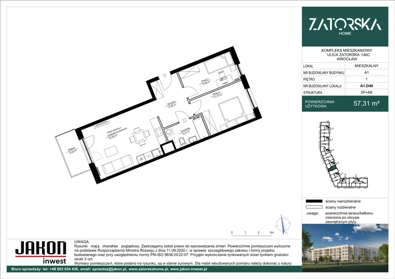3 pokoje, mieszkanie 57,31 m², piętro 1, oferta nr A1.D49, Zatorska Home, Wrocław, Psie Pole-Zawidawie, Zakrzów, ul. Zatorska 146-150